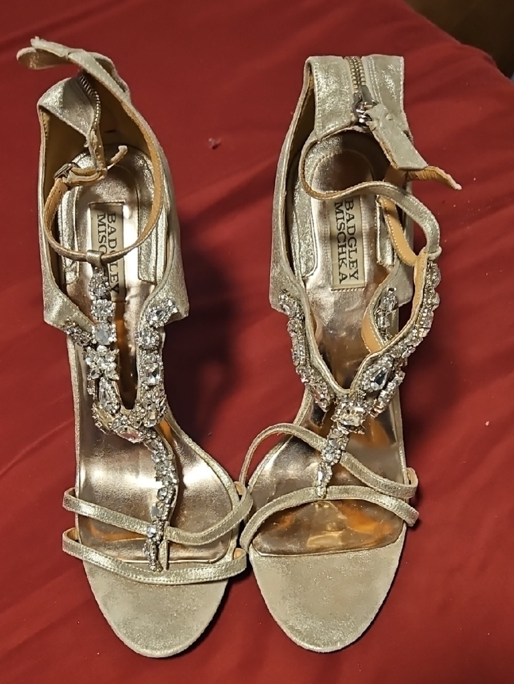 Badgley Mischka Metallic Gold Crystal T-Strap Heels